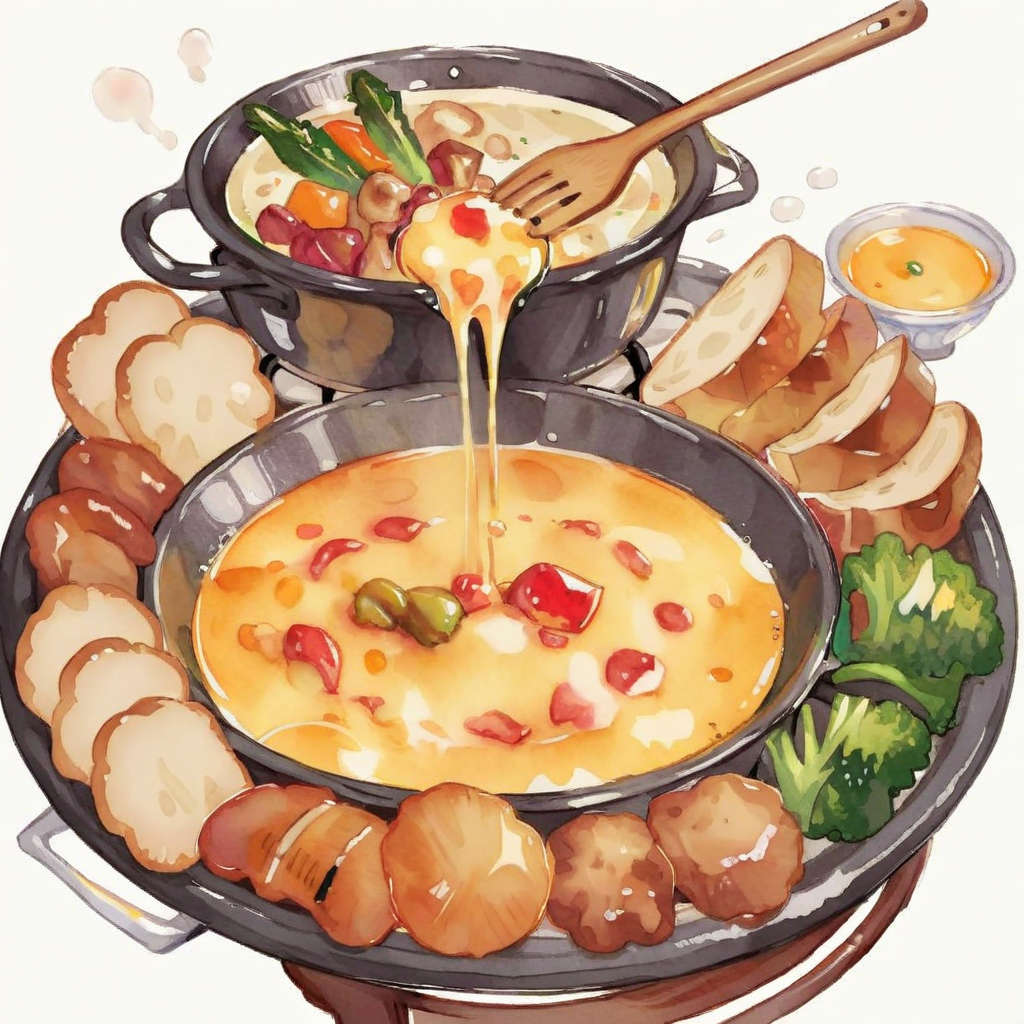 An inviting scene of a cheese fondue set in watercolor style. The central focus is a bubbling pot of rich, golden melted c...