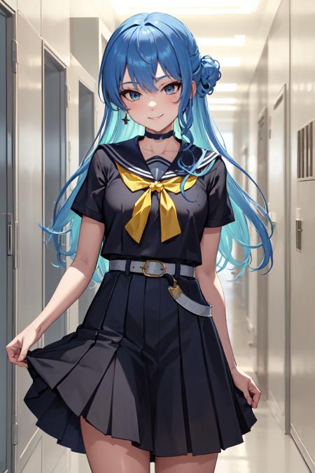 masterpiece, best quality, absurdres, perfect anatomy, SuiseiSchool, long hair, half updo, black serafuku, black shirt, black choker, yellow bowtie, grey belt, black skirt, short sleeves, hallway, school, leaning against lockers, smile, <lora:HoshimachiSuiseiV2:1.0>