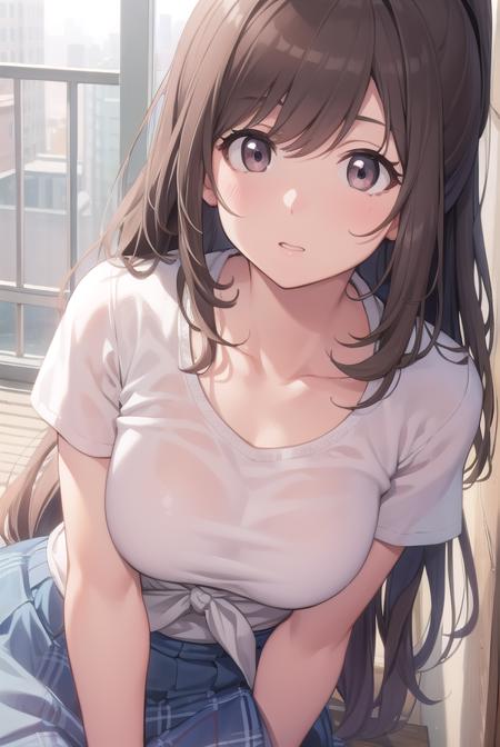 kogane tsukioka, (brown eyes:1.5), brown hair, hair tie, ponytail, bare legs, blue skirt, collarbone, collared shirt, miniskirt, shirt, short sleeves, skirt, tented shirt, tied shirt, tight clothes, tight shirt, white shirt, wing collar,