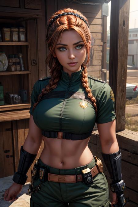 masterpiece, best quality, 8k-perfect-arnold, photorealistic highly detailed, volumetric lighting and shadows <lora:more_details:0.6>
female Retirement age, Hourglass, Sub-Saharan African, Dark green eyes,       Diamond face shape, Athletic Build, Dimples, Copper Crown braid hair, Awe wearing  Cropped cargo pants,  Embroidered top, , ,  and and andBedroll , Hands behind back, suggesting confidence or restraint
a cyborg police force fights against crime <lora:epi_noiseoffset2:0.7>