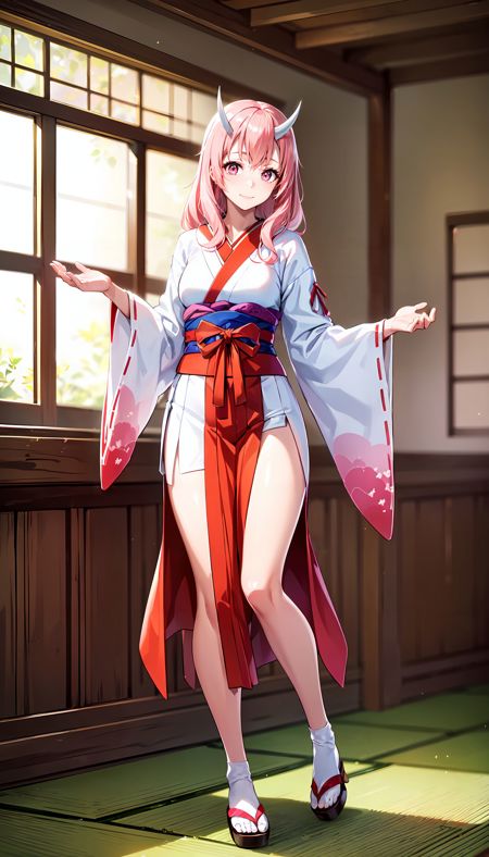 red and white kimono long hair pink hair pink eyes horns