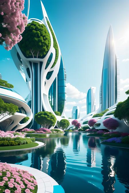 (masterpiece),(high quality), best quality, real,(realistic), super detailed, (full detail),(4k),8k,scenery, sky, outdoors, day, building, water, blue sky, river, boat, reflection, flower,tree,bush,grass, aircraft,
((Futurism Building)),
 <lora:JJsFuturismBuilding:1>