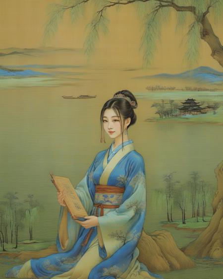 SongQiLi,<lora:qili-sdxl_v1-000010:0.8>a beautiful 18-year-old chinese ancient style girl  in a  dress holding a book and looking at the camera with a smile on her face,cloisonnism,hourglass slim figure,
outdoor,by the lake,there are willow trees,