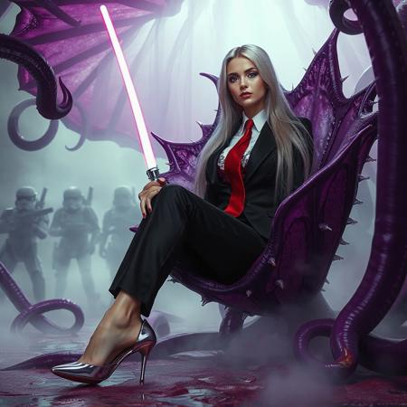 slender arrogant cold  russian blonde lady wearing  rich black glossy satin business trouser suite with lace inserts and opulent  glossy high heels, white shirt, red silk tie, jewels, elegant small light saber, entangled in long tentacles, sitting in giant purple alien carnivorous flower with glossy spiked petals, covered with giant ultrathin transparent glossy slime veils,  under slimy tentacles canopy,  giant portal to outer space, fog from the floor,  weird alien hive slime walls and fleshy floor, surrounded by halo odst troopers, vogue fashion look, hollywood  makeup, porcelain skin, long haired, ultrathin waisym reminiscent of H.R. Giger, Zdzisław Beksinski, and Ash Thorp's dark, sleek styles, with close-up glamour photography, glossy satin and silver heels glistening, fleshy slime dripping, and dark shadows.