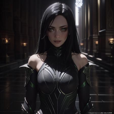 black hair, long hair, armor, bare shoulders, green eyes