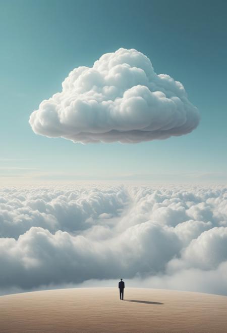 A cloud shaped like a sleeping human figure, floating just above a silent, endless horizon, luminous surrealist landscape, minimalist irony, metaphysical realism, crisp atmospheric light, subtle surrealism, tranquil dream logic, impossible geometry, poetic visual paradox, classical naturalism with conceptual twist, vast open space, pastel tonal palette, silent narrative tension, whimsical contradiction, horizon-line focus, contemplative visual pun, serene absurdity, elegant editorial surrealism