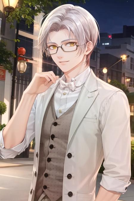 masterpiece, best quality,  <lora:moyi:1>,moyi, 1boy, yellow eyes, white shirt, white hair, solo, shirt, vest, male focus, brown vest, closed mouth, sleeves rolled up, short hair, polo shirt, glasses, smile, looking at viewer, bangs, white background, long sleeves