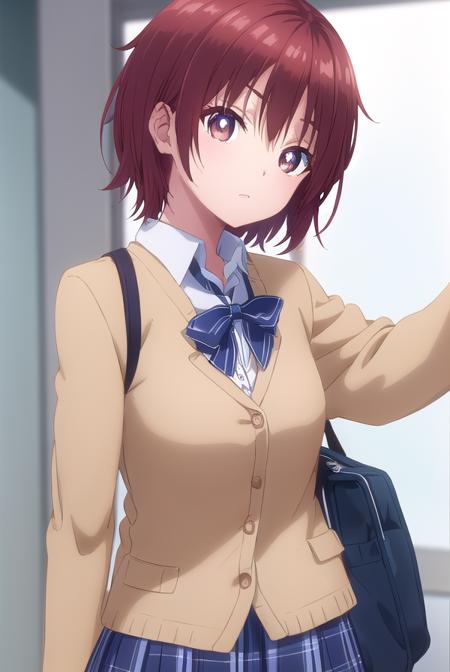 chitoseshirakawa, <lora:chitose shirakawa s1-lora-nochekaiser:1>,
chitose shirakawa, short hair, (brown eyes:1.5), red hair,
BREAK skirt, bow, school uniform, jacket, pleated skirt, plaid, plaid skirt, blazer, cardigan,
BREAK indoors, classroom,
BREAK looking at viewer, (cowboy shot:1.5),
BREAK <lyco:GoodHands-beta2:1>, (masterpiece:1.2), best quality, high resolution, unity 8k wallpaper, (illustration:0.8), (beautiful detailed eyes:1.6), extremely detailed face, perfect lighting, extremely detailed CG, (perfect hands, perfect anatomy),