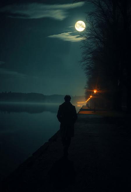 serene lakeside path at midnight, bathed in soft moonlight. Tall trees line the edge of the still water, their reflections perfectly mirrored on the glassy surface. Fireflies flicker gently in the air, and a faint mist drifts along the ground. The only sound is the distant ripple of water and the crunch of footsteps on gravel. A lone figure walks slowly, wrapped in a long coat, hands in pockets, lost in thought. The sky above is filled with stars and faint moving clouds. Street lamps along the path glow with a golden, dreamlike haze. The atmosphere is peaceful, cinematic, and deeply introspective. Style: ultra-realistic 4K photography with dreamy lighting and shallow depth of field