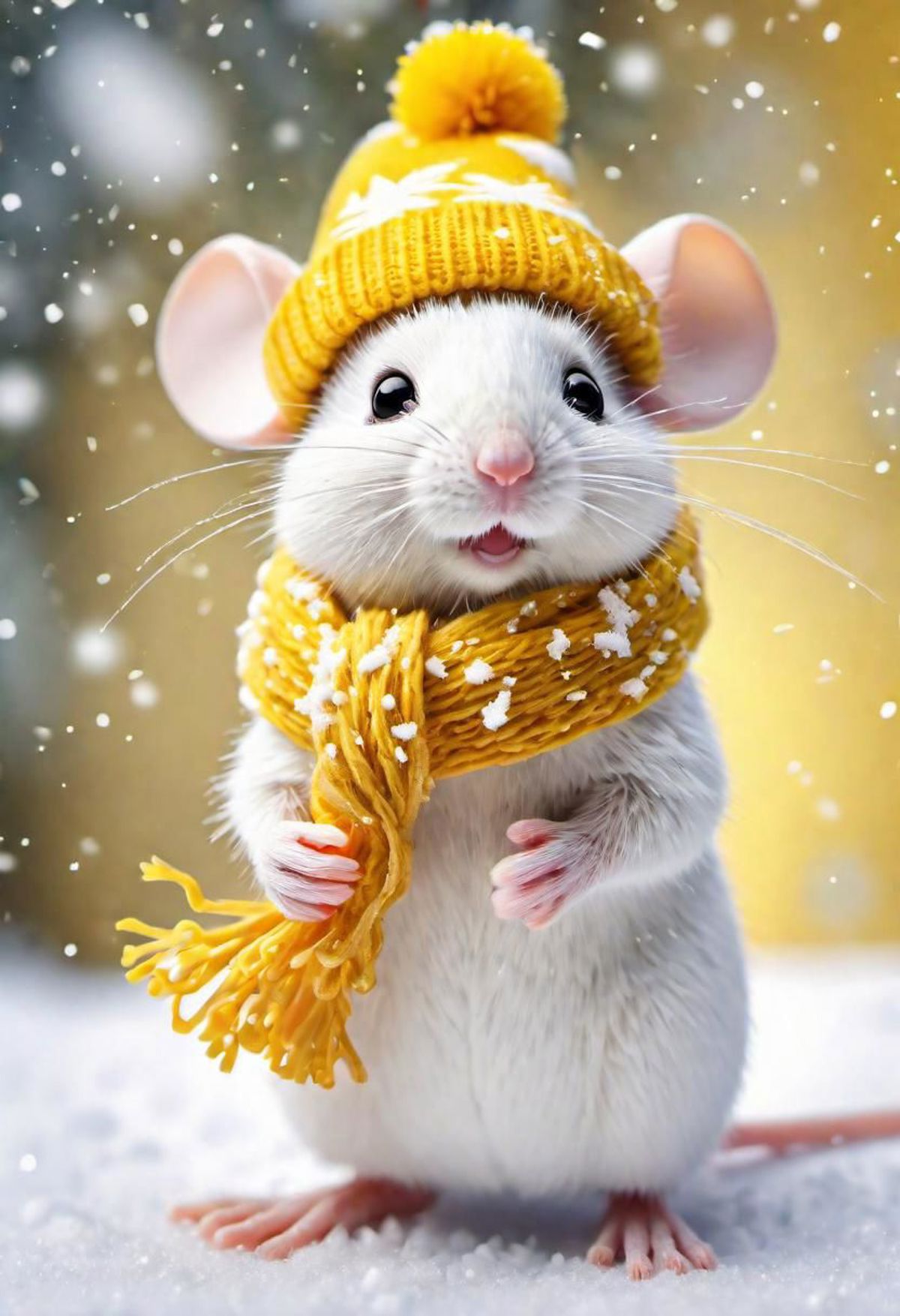 A small white mouse wearing a yellow scarf and hat.