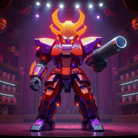 "Ultra-detailed 3D render of Superheavy Samurai Commander Shanawo, a towering mechanoid with a massive kabuto-style helmet glowing in vibrant tangerine and neon violet armor. Its compact torso features intricate Edo-period engravings, while the right arm mounts a colossal plasma cannon with glowing energy coils. Standing in a dynamic iaijutsu stance on the stage of the Abyss Playhouse - Fantastic Theater, surrounded by floating kabuki masks and shelves of retro mecha models. The theater boasts neon-lit proscenium arches, holographic cherry blossoms, and velvet curtains embroidered with circuit patterns. Dramatic Dutch angle shot with Unreal Engine 5 realism, Octane Render textures, and Raphael-style chiaroscuro lighting. Metallic surfaces reflect holographic spotlights, while splash ink effects blend with cel-shaded accents for a retro-futuristic aesthetic. 8K resolution, hyper-detailed facial sensors, ArtStation-trending composition, golden ratio framing, dominated by electric orange and royal purple with chromatic distortion flares."