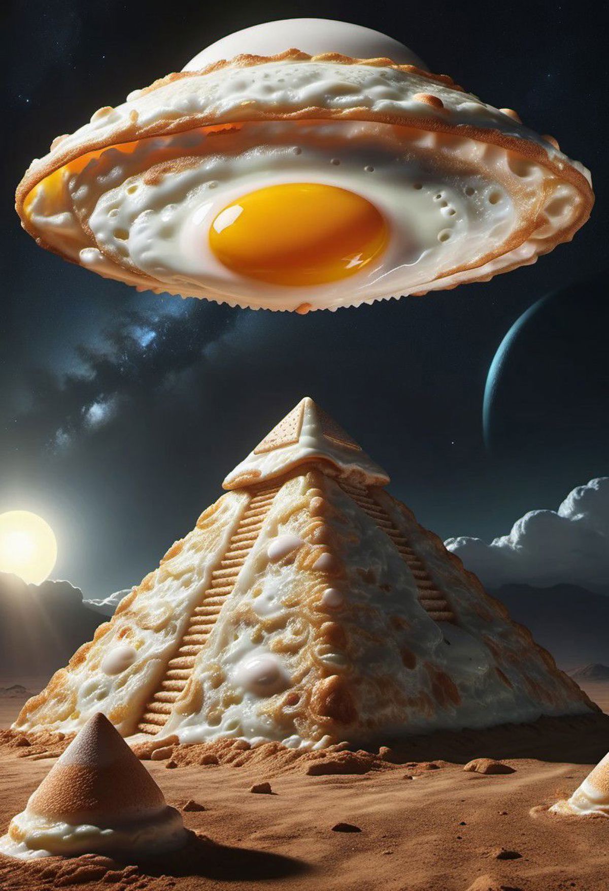 A fried egg on top of a sandwiched pyramid, with a sunset in the background.