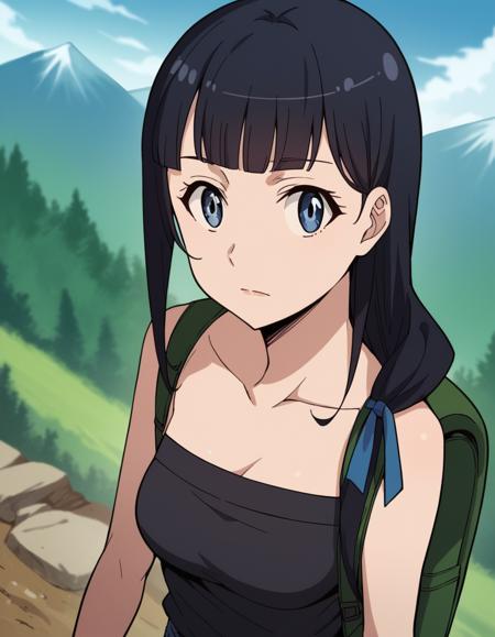 mari kurokawa, long hair, bangs, blue eyes, black hair, ribbon, hair ribbon, blue ribbon, hair over shoulder, medium breasts, shirt, bare shoulders, collarbone, black shirt, strapless, pants, denim, uniform, military, military uniform, helmet, sleeves rolled up, headset,