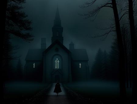 <lora:burton:1>tm style, landscape of a church surrounded by dark forests at night  a woman from the 1800s walking alone, tim burton movie frame, cinematic, a lot of haze, volumetric lights, realistic, 8k