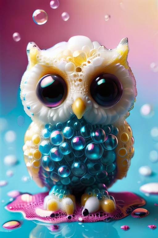 A white and blue owl with purple and yellow beads for eyes.
