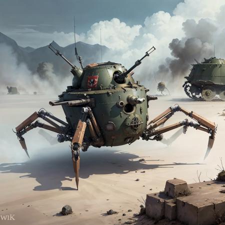 <lora:Clockworkspider:.6>  concept art, Clockworkspider ww1 tank  spider