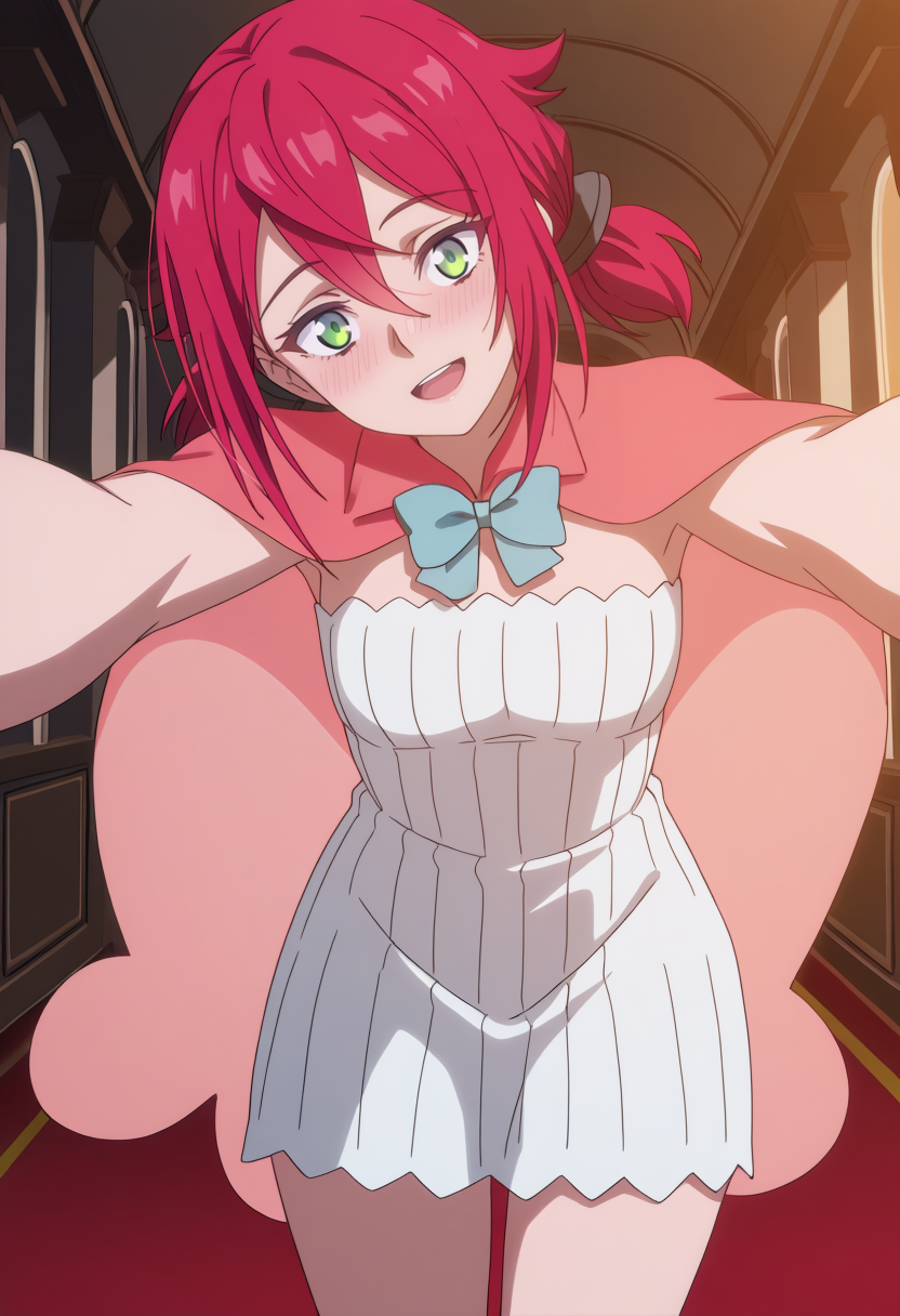 A young woman with green eyes, bright red hair tied back in small pigtails, and a happy, open-mouthed blushing smile holding both arms out towards the camera in a hug. She is wearing a white, strapless, pleated dress with a scalloped neckline, accessorized with a light blue bow at the chest and a short, pink, collared cape. The background shows the narrow passageway with arched windows.
