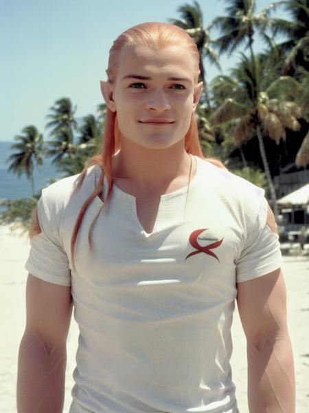 legolas, (posing at the beach:1.2), palm trees the background, (wearing a white t-shirt:1.2), (red hair:1.3), smiling, sharp, amazing, bokeh, canon dslr, movie still <lyco:legolas_v1.0:1>