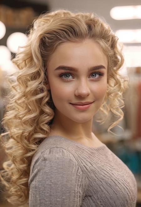 1girl, half-polish, slavic, angloirish, portrait, headshot, cute model, Long thick Maxi Skirt, Knit tube top, swept back hair, alluring smile, working at a clothing store, perfect eyes, highly detailed beautiful expressive eyes, detailed eyes, 35mm photograph, film, bokeh, professional, 4k, highly detailed dynamic lighting, photorealistic, 8k, raw, rich, intricate details, identical iris, curly blonde hair