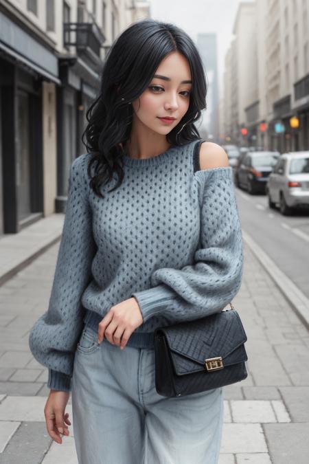 xyzabcsweater23, 1girl, light blue sweater, blue jeans, black long hairs, shoulder purse winter street background,<lora:xyzabcsweater23-10:.8>