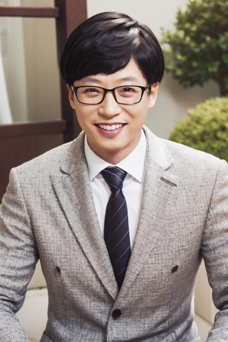 1boy ,smile, solo,upper body , outdoors, glasses,  <lora:Celebrity-yu_jaeseok_v1:0.8>, jaeseok, indoor, suit,
masterpiece, high quality, highres, realistic,