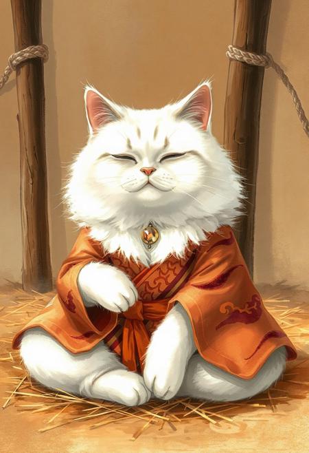A white cat, resembling a aloha shirt, is seated in a meditative pose, reminiscent of a Zen master. The cat is wearing a traditional Japanese-style kimono, featuring orange and maroon patterns. The kimono's details include an orange obi (sash) and a decorative jewel-like stone on it. The cat's fur is fluffy and long, with a soft, delicate appearance. Its eyes are closed, giving a peaceful and serene expression. The cat's body is positioned in a relaxed, seated posture, with paws resting on its lap. It is centered in the image and facing the viewer directly. The background is a muted, earthy tone, with a depiction of hay or straw, creating a tranquil atmosphere. Wooden posts with rope are visible in the background, contributing to a rustic, serene setting. The lighting is soft and warm, highlighting the cat's features and the kimono's patterns. The overall style is artistic, with detailed brushstrokes and soft color blending. The image exudes a sense of calm and tranquility. fir needle style,