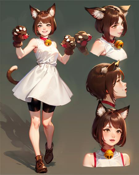 Xiao, cat ears,short hair, brown hair,cat tail, brown eyes,animal hands ,Xattire ,white dress, bike shorts, neck bell,brown footwear,sleeveless,fingerless gloves, standing
(insanely detailed, beautiful detailed face, masterpiece, best quality) <lora:Xiao-09:0.7>