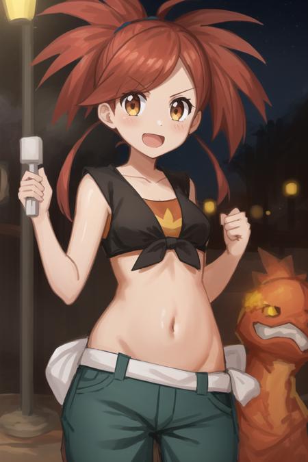 1girl, solo, street, night, cowboy shot, <lora:flannery-epoch-000008:0.7>, flannery \(pokemon\), midriff, sleeveless, jeans, groin, torkoal, pokemon \(creature\), nintendo, pokemon, pokemon \(game\), pokemon oras