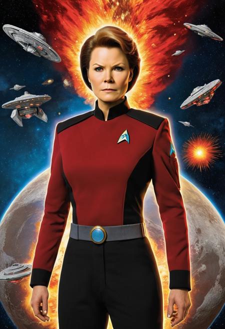 poster art by Otomo Katsuhiro, photo art by casey weldon, poster of a fierce Female Starfleet Captain wearing a Voyager Uniform, halo, explosion, debris, fire-hued colors,captain_janeway, woman, voyunf, star trek uniform, long black sleeves, black pants, black jumpsuit, grey Vneck, red shoulders