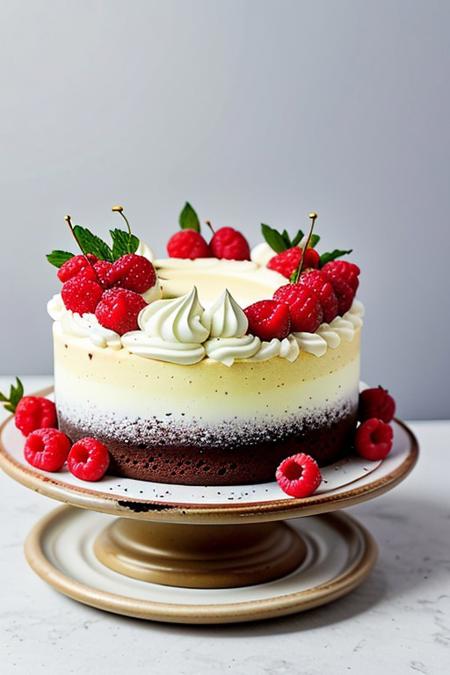 cake decorated with frozen berries. The base of the cake is made of brown dough, and the upper part is covered with white cream with yoke blushing. At the top of the cake are various frozen berries, such as raspberries, blueberries and cherries. The cake stands on a white plate, and several berries are also scattered around it on the table. The image background is light and blurry, creating a feeling of freshness and coolness.