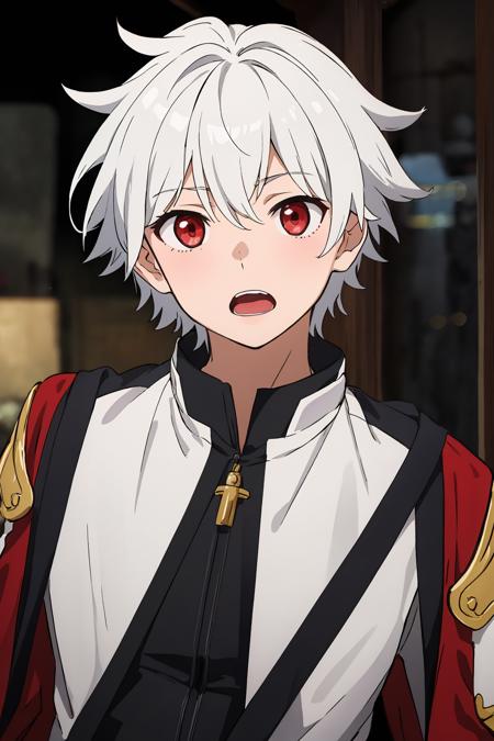 bell cranell, 1boy, solo, looking at viewer, short hair, open mouth, red eyes, upper body, white hair, male focus <lora:bell-cranel-000003:0.4> <lora:animixAnimeScreenshotLikeStyleMixLora_v10:0.3>