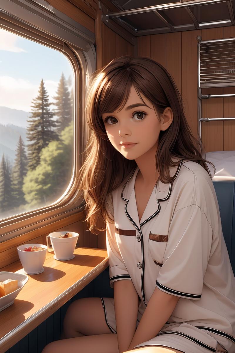 An Anime Woman in a White Robe Sits by the Window of a Train