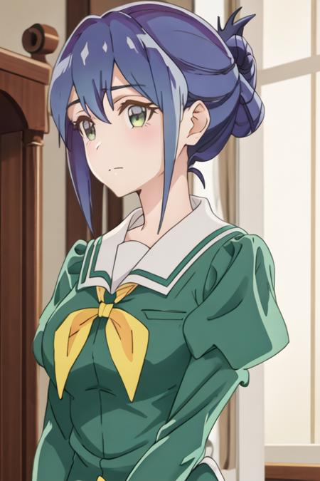 best quality, masterpiece, highres, solo, {mamiya_kanoko_watashinoyuriwaoshigotodesu:1.15}, blue_hair, green_eyes, blush, bangs, closed_mouth, short_hair, purple_hair, 1girl, green_shirt, sailor_collar, school_uniform, shirt, upper_body, white_sailor_collar, long_sleeves, neckerchief, puffy_sleeves, yellow_neckerchief, folded_ponytail, hair_between_eyes, juliet_sleeves