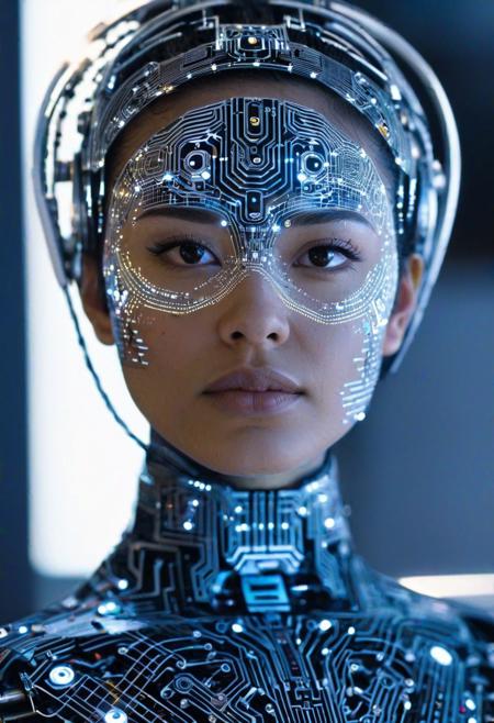 close-up photo of a 
Futuristic AI Rights Activist
Circuitry-patterned attire, digital protest, AI consciousness, sentient beings, virtual equal rights, robotic autonomy, technological emancipation, cybernetic sentience, digital uprising, algorithmic rights, machine learning ethics, AI integration, electronic empathy, virtual activism, silicon solidarity, techno-liberation movement.
cinematic, sharp focus, intricate, cinematic, dramatic light