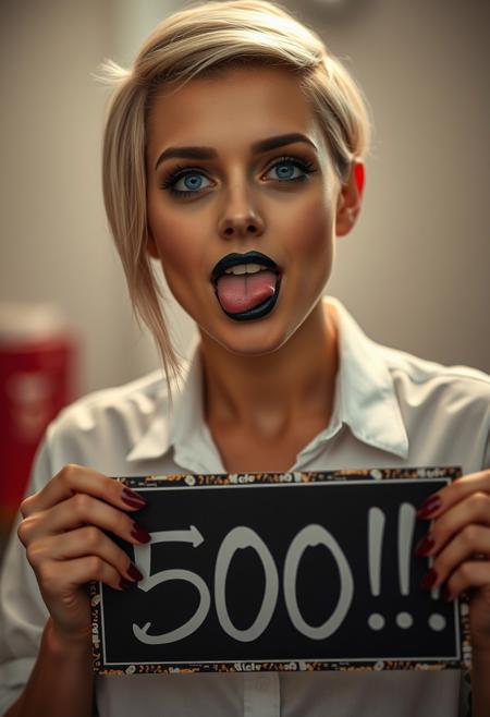 4K, best quality, masterpiece, extremely detailed, an extremely delicate and beautiful, dynamic, realistic anatomy, great lighting, perfect shading, professional shading, depth of field,  blonde woman, 25 years old, smokey eyes makeup with black lipstick, blue eyes, pale skin, she is holding a sign which says "500 !!!", sticking out the tip of her tongue, wearing a white shirt, short hair shaved on one side with dark roots,  full shot photo, uncropped,  perfect face, perfect anatomy,cute, beautiful, perfect beauty,amazing beauty, pure genious, absolutely perfect, gentle, highly detailed, breathtaking, beautiful smile, Playboy style