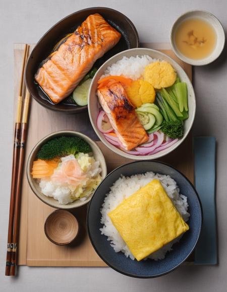 A single bowl of Japanese-style lunch with grilled salmon, steamed rice, tamagoyaki (rolled omelet), and pickled vegetables, food photography, food focus.
