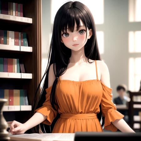 best quality, highly detailed, female, very long hair, black hair, orange dress, upper body, library, indoors, counter, depth of field, film blur, pastel color, bright, rimlighting