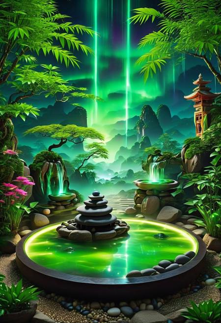 masterpiece,intricate detail,absurd,4k,
a truly enchanting and magical scene. wonderful zen garden with green bamboo fountains and pebbles, sand, bonsai, transmits calm and relaxation, reconnection with the divinity, immersed in the otherworldly light of a vibrant neon aurora, creating a sense of wonder and mystery, winning photo,