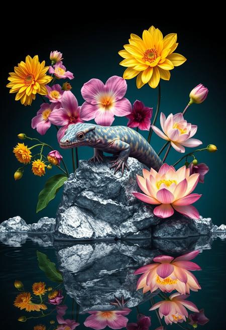 A surrealist art poster presents a solitary axolotl perched on silver rocks. The background is a dark teal gradient shifting to jet black. Around the axolotl bloom deep yellow dahlias, clusters of pink orchids, and a glowing lotus. Each element glistens with a metallic edge. Reflections ripple in a glassy surface below.,bfoadh, , grainy film texture, raw amateur aesthetic, 2000s nostalgia <lora:Touch_of_Realism_SDXL_V2:0.6> touch-of-realismV2