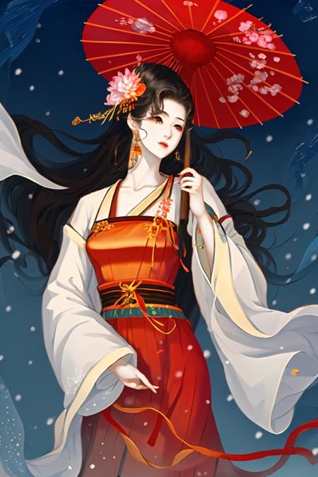 gufeng, 1girl, umbrella, solo, hanfu, long hair, black hair, holding umbrella, hair ornament, flower, chinese clothes, holding, hair flower, jewelry, long sleeves, looking at viewer, snowing, earrings, oil-paper umbrella, wide sleeves