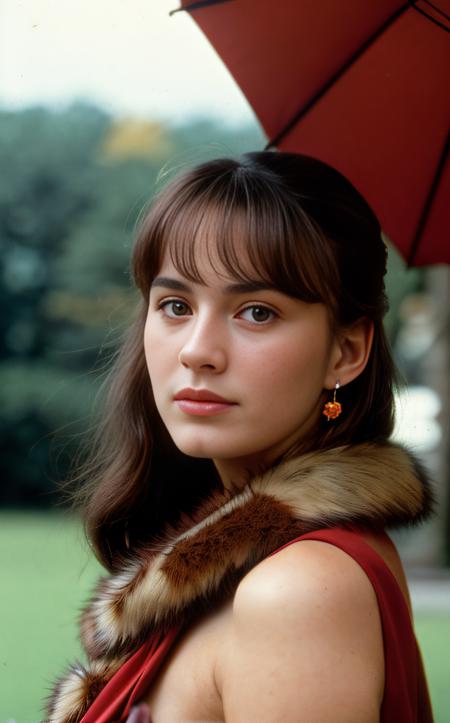 analog film photo ((best quality)), ((masterpiece:1.2)), (detailed:1.2), 1girl, stylized, long exposure, in a garden, French crop hair, happy Welsh earring, fur scarf, anime eyes, fall, cel shaded, regret, side light, F/5, dark hue, holding a vibrant red umbrella, detailed skin, sharp, professional, beautiful. . faded film, desaturated, 35mm photo, grainy, vignette, vintage, Kodachrome, Lomography, stained, highly detailed, found footage