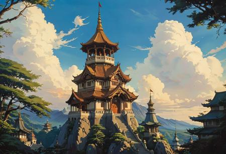 (studio ghibli drawing), (studio ghibli painting),best quality, masterpiece, extremely detailed,  professional  art,  professional painting, an extremely delicate and beautiful, dynamic,  great lighting, perfect shading, professional shading, depth of field,   side soft light, elegant, gorgeous, highly detailed,   full shot, uncropped,   pure genius, absolutely perfect,  highly detailed, breathtaking,  view on a towering massive magical tower with huge bell at the top build onto one of many spires, asian theme, fantasy theme