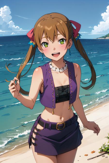 best quality, (masterpiece:1.2), detailed,
<lora:chara_SuiseiNoGargantia_Melty_v1:0.8>, melty sng,
1girl, solo, light blush, smile, open mouth,
brown hair, twintails, green eyes, earrings, white necklace, small breasts,
black crop top, purple vest, purple skirt, black belt,
standing, looking at the viewer,
ocean