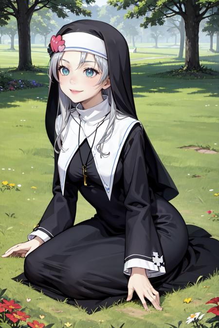 masterpiece, best quality, absurdres, KateTakayama, long hair, silver hair, habit, nun, black dress, heart hair ornament, cross necklace, seiza, on ground, grass, field, flowers, smile, <lora:CHAR-KateTakayama:0.8>