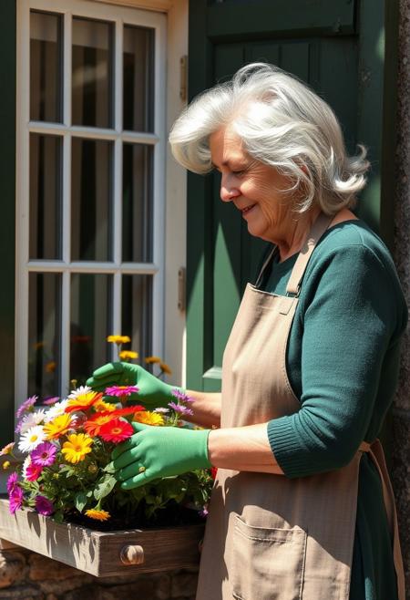 A gentle looking old lady tending to her flowers in her windows box. On a sunny day in northern italy, this older lady is wearing fashionable every day clothes, her wavy white hair loosely tied, she wears green gloves and an apron. She stands outside by the windows of her stone house. She is delicately tending to her flower window box full of pretty colorful flowers. A perfect calm atmosphere for a delicious day.