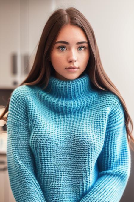 a naturally beautiful woman <lora:kendraRowe:1>, knitted blue sweater, cozy winter, (upper body, (close up:1.2), head shot), 8k, raw, uhd, fujifilm x-t3, close up, highly detailed face, (((glans))), (candid, amateur)