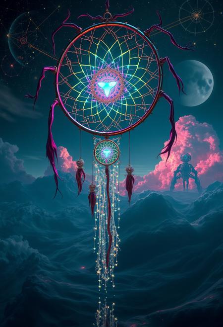 Imagine a massive, floating dreamcatcher in a fusion of Claudio Aboy’s vibrant, abstract style and H.R. Giger’s biomechanical intricacy. The dreamcatcher’s frame is composed of alien-like, metallic tendrils, intricately detailed with biomechanical textures, intertwining with luminous, iridescent threads in electric magentas, vivid turquoises, and eerie greens. At its core, a pulsating, opalescent sphere emits beams of shifting neon light, creating a surreal, high-contrast glow against the dark, shadowy environment. Below, an infinite expanse of glossy, reflective surfaces in shades of deep indigo and radiant pinks mirror the otherworldly spectacle above, with mechanical, bioluminescent forms subtly emerging from the liquid stardust. The sky is an alien landscape of twisted, metallic clouds in molten gold and dark teal, interspersed with surreal, glowing constellations and intricate, biomechanical structures. A stream of sparkling, luminescent particles cascades from the dreamcatcher, weaving through the scene like a glowing, otherworldly tapestry.