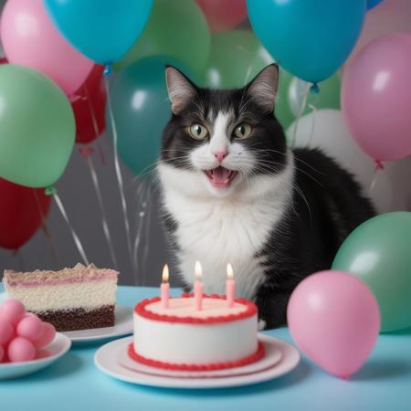 very realistic photography close-up of a happy cat black and white, at a table with a cake and candle, a gift, in the background blue, green, red and pink balloons