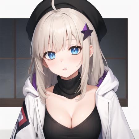 (masterpiece, best quality:1.2),illustration,8k,hd,1girl,solo,upper body,(portrait:1.2),ahoge,bangs,black headwear,black legwear,black shorts,black sweater,blue eyes,cleavage,collarbone,detached collar,eyebrows visible through hair,grey hair,hair ornament,hat,hood down,hooded jacket,long hair,long sleeves,medium breasts,puffy long sleeves,puffy sleeves,purple gloves,ribbed sweater,short shorts,star hair ornament,thighhighs,turtleneck,turtleneck sweater,white jacket,<lora:AA-12>,