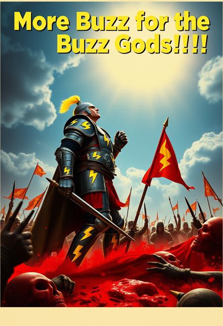 Propaganda Poster, text title stylized "More Buzz for the Buzz Gods!!!" Cinematic, Imax film, his armour worn, yellow lighting bolts logos on his armour, His enemies slain before him. The knee deep in the blood of his enemies is bright yellow instead of red. His flag planted in the heart of his foe, the Day is won, the sun gloriously shines a new day, He looks up to the sky above his head